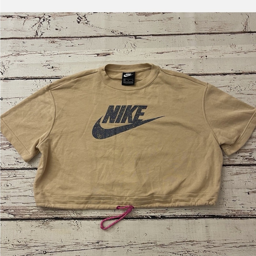 Nike Tan Boxy Crop T-Shirt with Pink Highlights